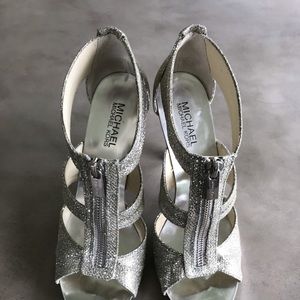 Michael Kors Berkley T Strap Silver Glitter Heels